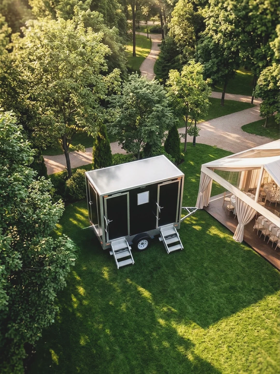 Restroom trailer with two stepped entrances beside an outdoor event tent